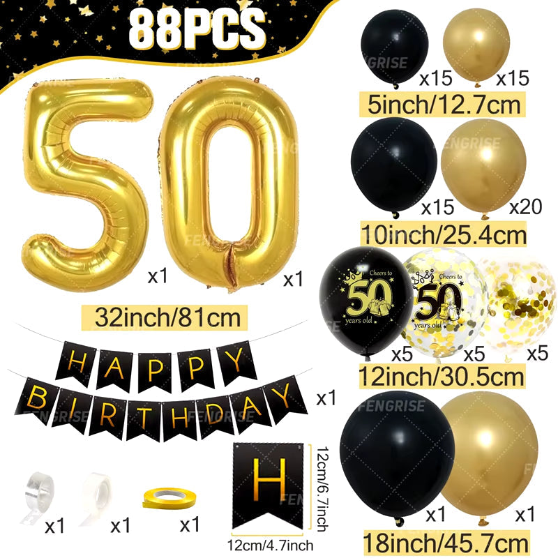 Black and gold balloon garland arch kit for milestone birthdays and anniversaries, featuring numbered balloons and decorations.