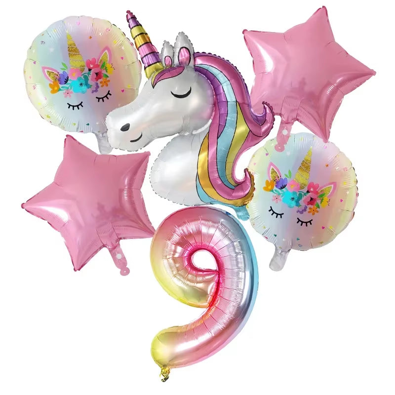 LuxBalloons Rainbow Unicorn Balloon Set with 30-inch foil number balloon and pink star unicorn designs.