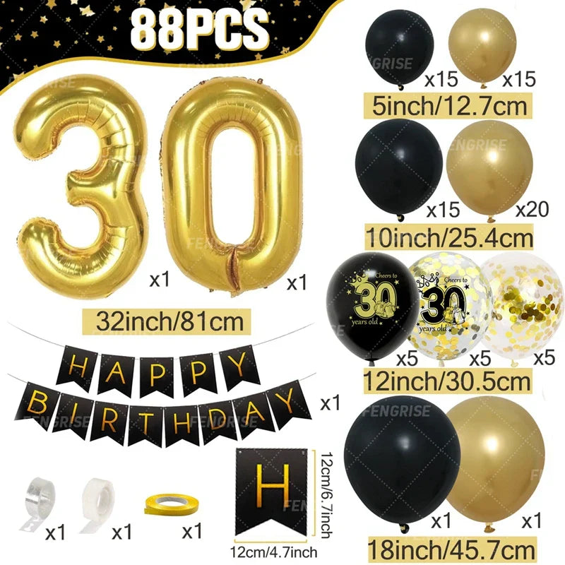 Black Gold Balloon Garland Arch Kit Confetti Latex Balloon Happy 18 30 40 50 Year Old Birthday Party Decor Adults Anniversary