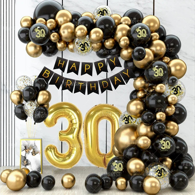 Black Gold Balloon Garland Arch Kit Confetti Latex Balloon Happy 18 30 40 50 Year Old Birthday Party Decor Adults Anniversary