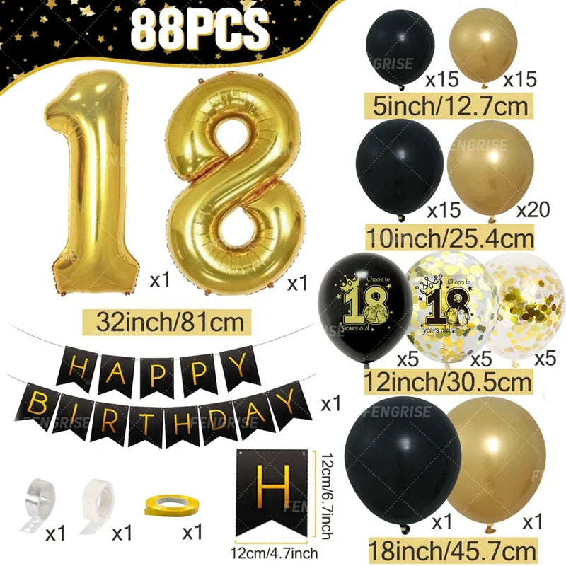 Black Gold Balloon Garland Arch Kit Confetti Latex Balloon Happy 18 30 40 50 Year Old Birthday Party Decor Adults Anniversary