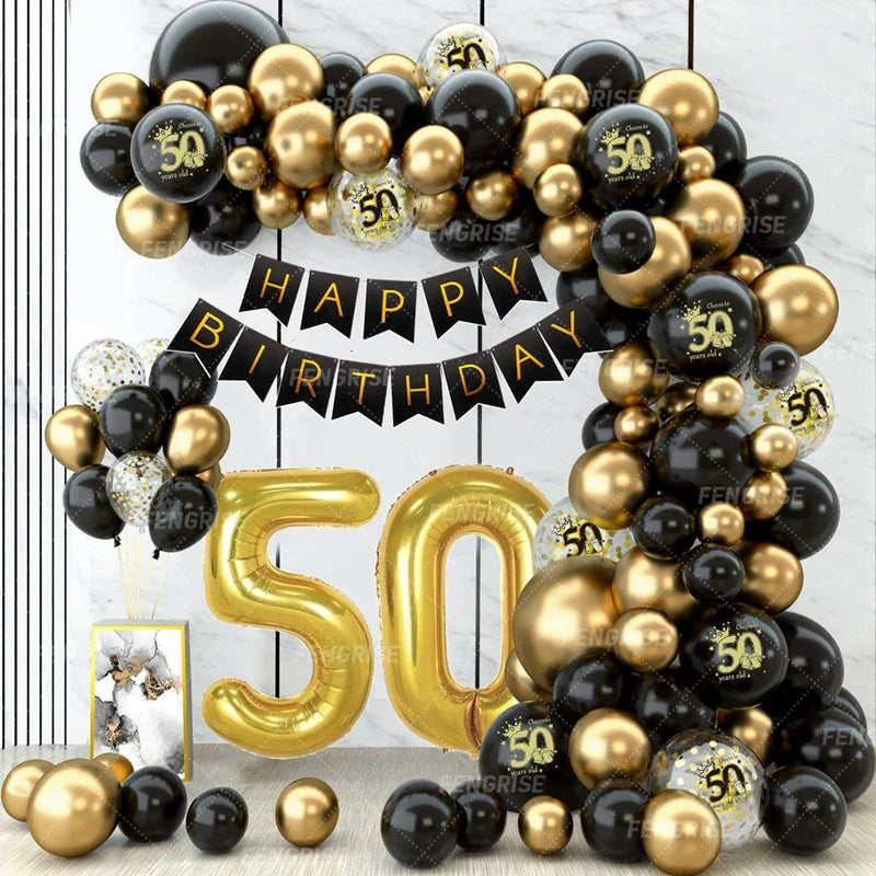 Black Gold Balloon Garland Arch Kit Confetti Latex Balloon Happy 18 30 40 50 Year Old Birthday Party Decor Adults Anniversary