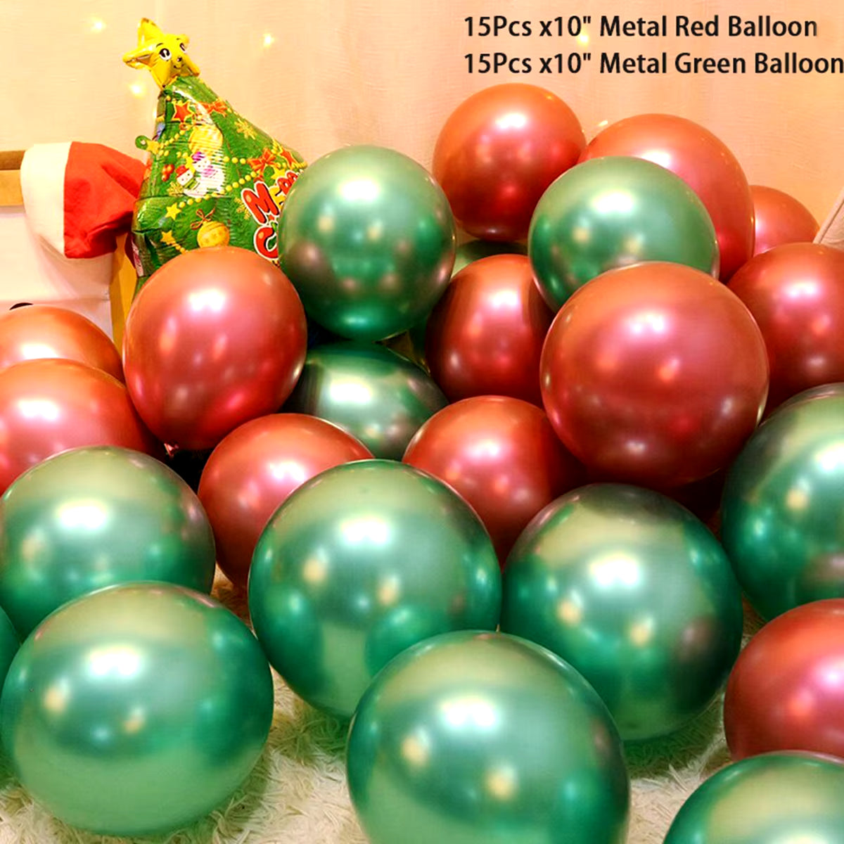 Christmas party setup with LuxBalloons in gold, green, and red confetti.