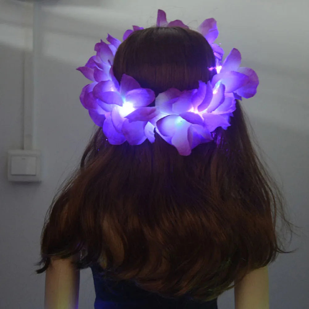 1Pcs Women Girl LED Hawaii Hawaiian Lei Headband Glow Light up Flower Crown Wreath Birthday Party Navidad Halloween