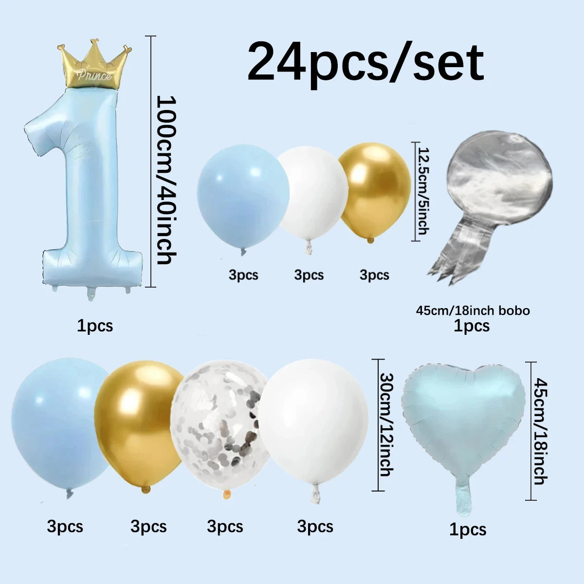 24Pcs 1-Year-Old Crown Aluminum Film Balloon for Boys and Girls Birthday Party, One Year Decoration, Birthday Decoration Balloon