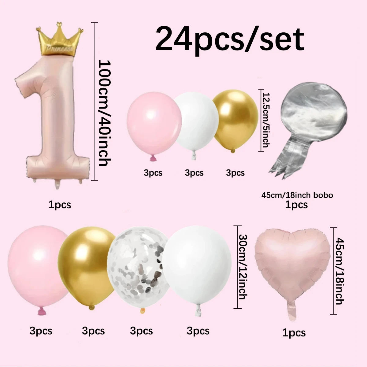 24Pcs 1-Year-Old Crown Aluminum Film Balloon for Boys and Girls Birthday Party, One Year Decoration, Birthday Decoration Balloon