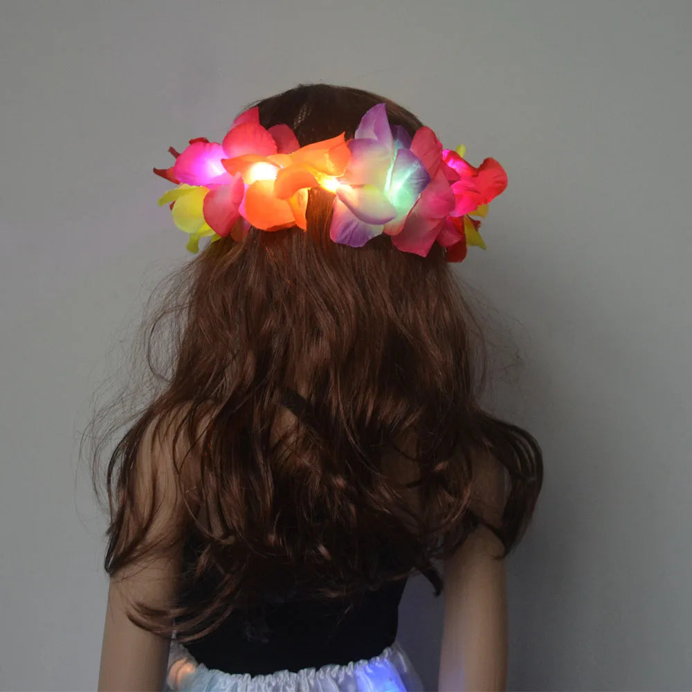 1Pcs Women Girl LED Hawaii Hawaiian Lei Headband Glow Light up Flower Crown Wreath Birthday Party Navidad Halloween