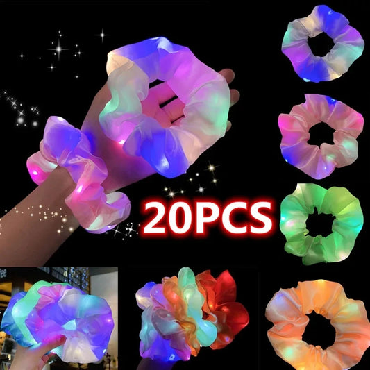 20 Pcs/Lot LED Luminous Scrunchies Hairband Ponytail Holder Headwear Elastic Satin Hair Bands Girl Hair Accessories for Party