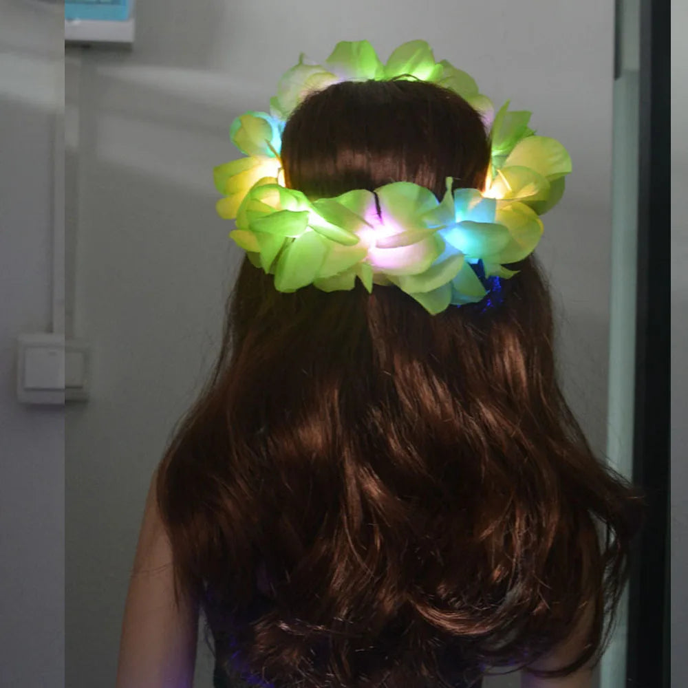 1Pcs Women Girl LED Hawaii Hawaiian Lei Headband Glow Light up Flower Crown Wreath Birthday Party Navidad Halloween