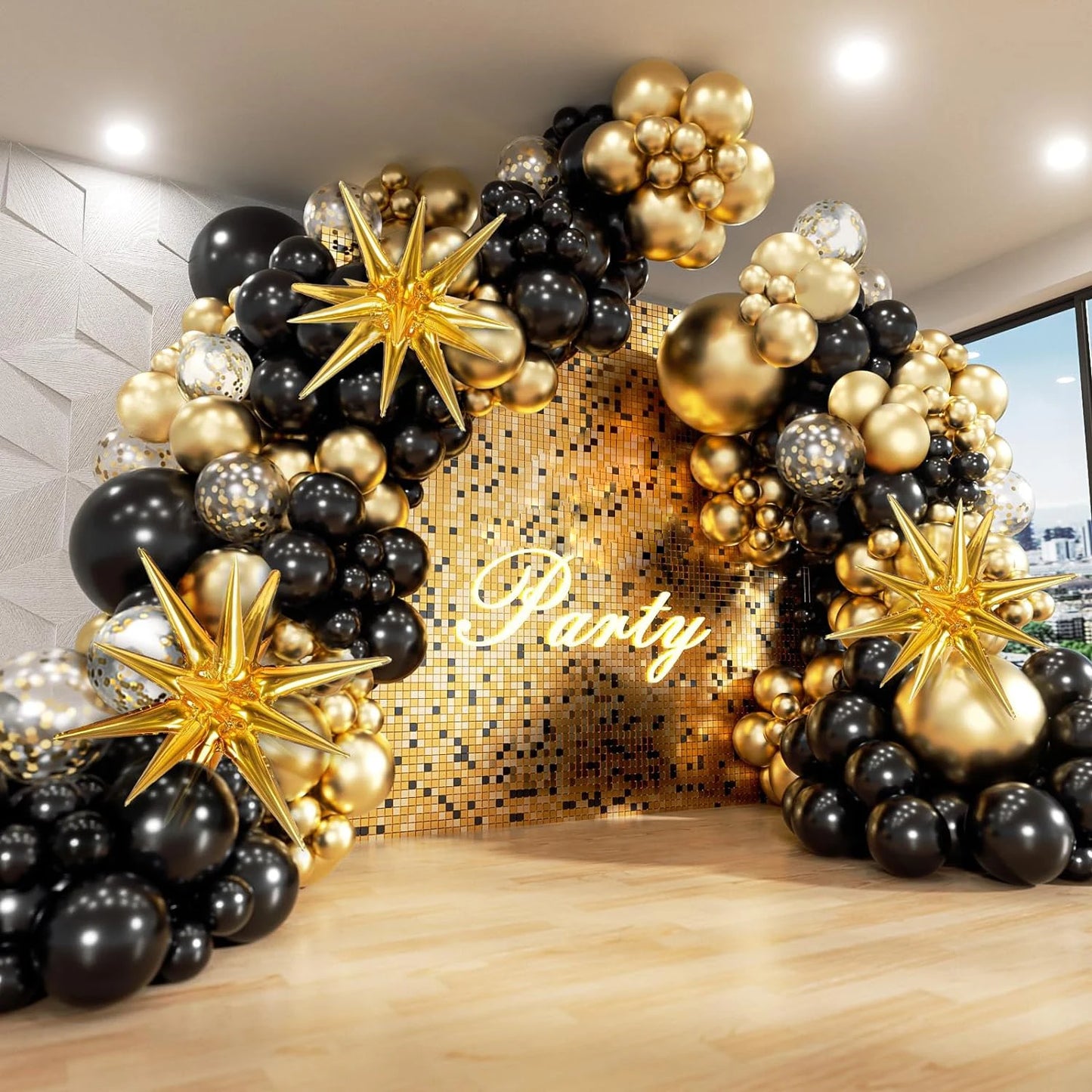 121Pcs Black and Gold Balloons Garland Arch Kit with Starburst Foil Balloons for New Years Wedding Birthday Party Decorations