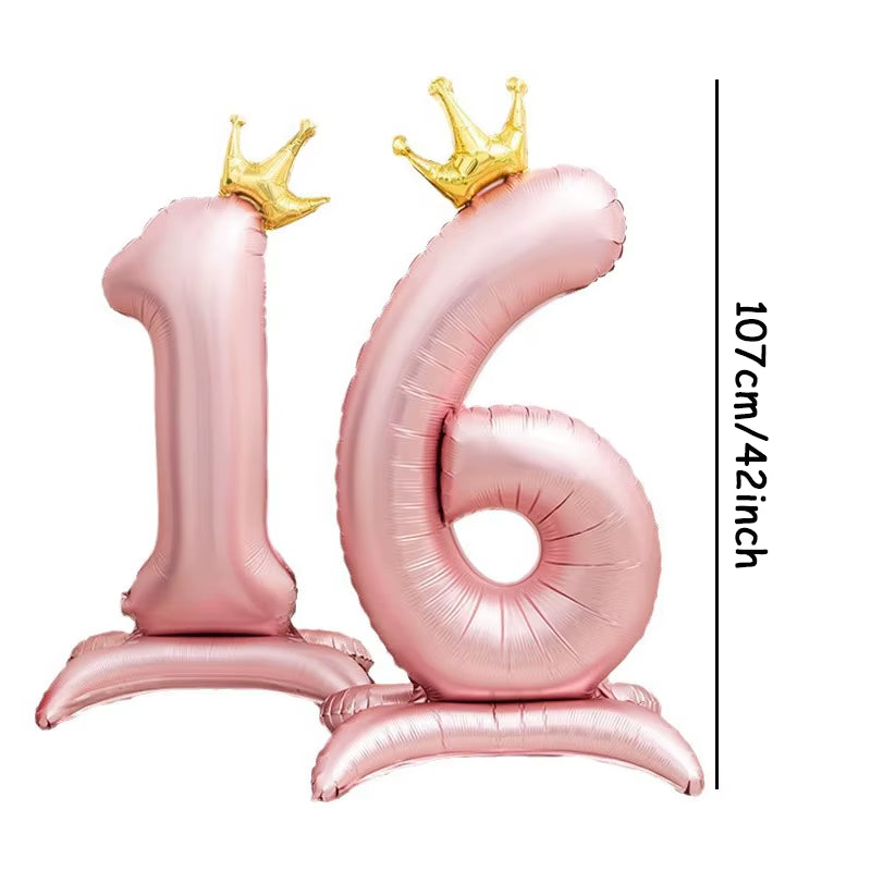 42Inch Crown Decor Pink Aluminum Foil Digital Balloon Number Balloon for Birthday Party Decoration Supplies Girls Birthday Favor